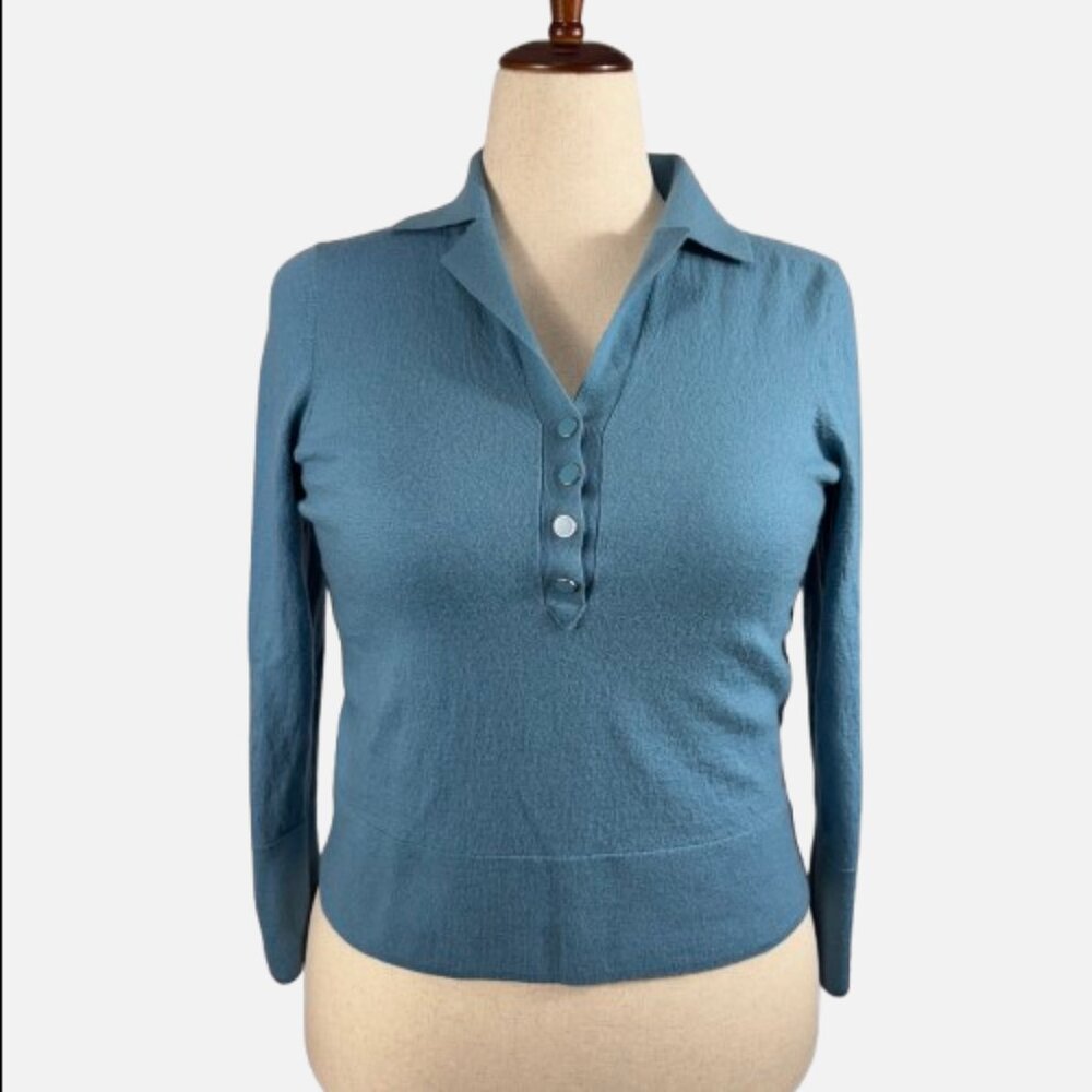 Talbots 100% Merino Wool Polo Sweater Top Blue Classic Long Sleeve (Size L)